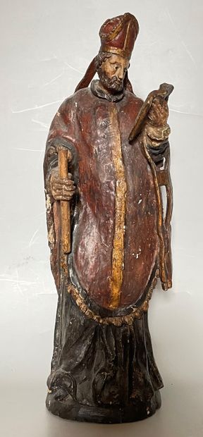null Statue d’évêque en bois polychrome. XVIIIème siècle. H : 42cm.
