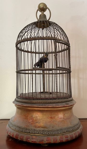 null Cage à oiseau boîte à musique en laiton et socle de bois doré. Fin XIXème. (En...