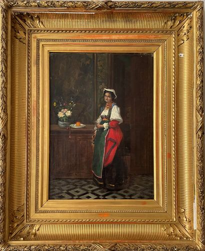 null JULES FELIX RAGOT (1835-1912) Jeune femme en costume iltalien huile sur toile...