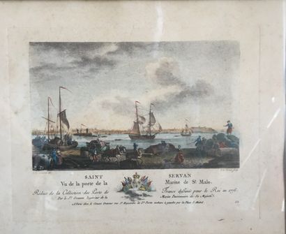 null Suite of three engravings framed under glass. View of Paris - The port of Le...