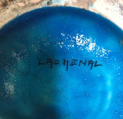 null LACHENAL Vase boule en céramique turquoise et noire (monté en lampe), signé...
