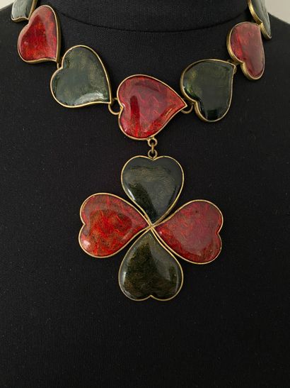  YVES SAINT LAURENT By DENEZ Necklace hearts and trefoil pendant in gilded metal...