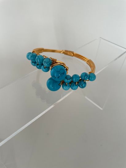 null Crossed bracelet made of golden metal threads and turquoise beads - unsigned...