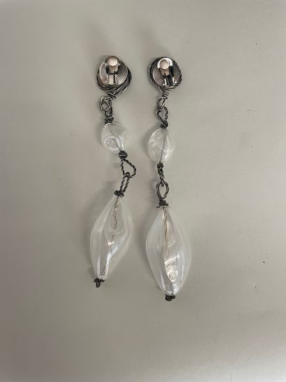 null Pair of silver plated ear clips with translucent blown glass pendants - Italian...