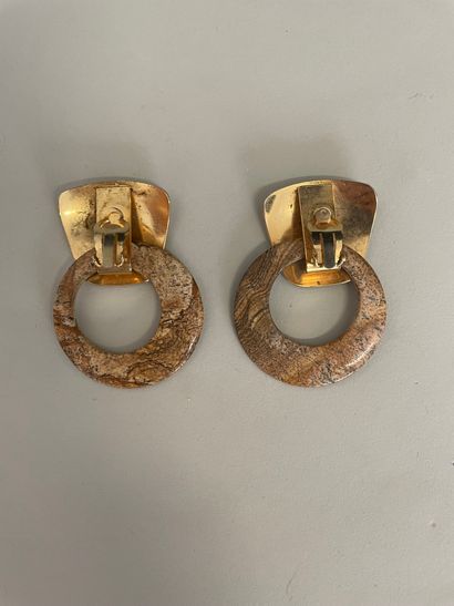  YVES SAINT LAURENT Pair of plain gilt metal and jasper ring ear clips - circa 80...