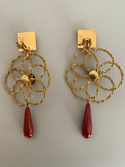  YVES SAINT LAURENT Pair of gilded metal flower ear clips adorned with red and amethyst...