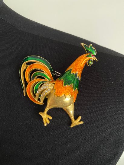 null Rooster brooch in gilded metal enamelled orange and green - unsigned Ht 6cm