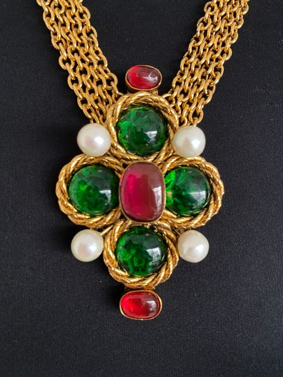 null CHANEL Necklace with 4 strands and Cross in gilded metal decorated with green...