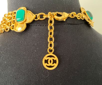 null CHANEL Necklace with 4 strands and Cross in gilded metal decorated with green...