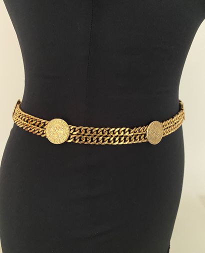  YVES SAINT LAURENT Gold-plated metal belt with double chain and medals - signed...