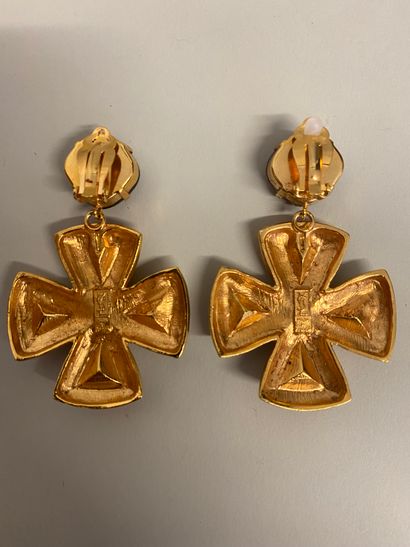  YVES SAINT LAURENT Made in France Pair of cross ear clips in gold metal adorned...