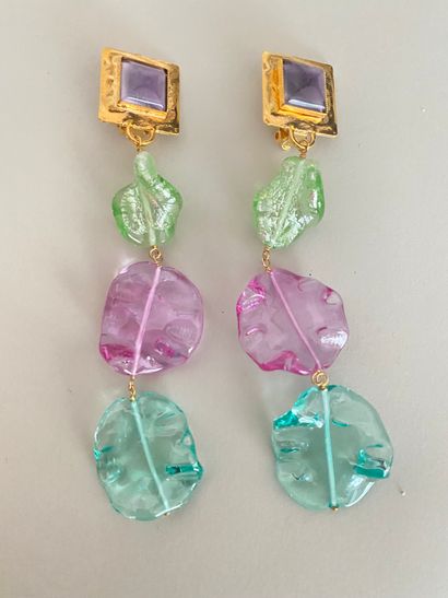 null YVES SAINT LAURENT Pair of gilded metal and pink and green glass ear clips -...