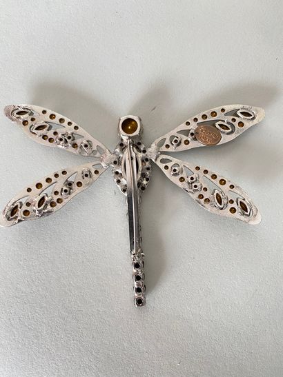 null SCHERRER Paris Dragonfly brooch in silver patinated metal decorated with black...