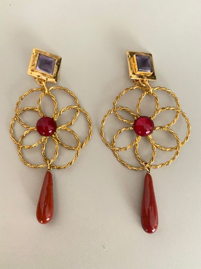 null YVES SAINT LAURENT Pair of gilded metal flower ear clips adorned with red and...