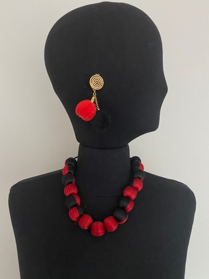 null YVES SAINT LAURENT by DENEZ Necklace of red and black cotton thread balls and...
