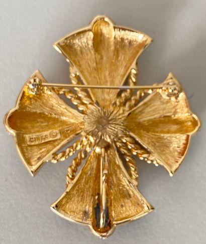 null CINER Maltese cross brooch pendant in gold metal with black enamel and rhinestones...