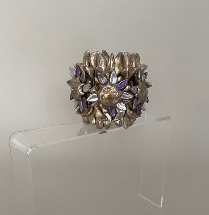 null ALEXIS LAHELLEC Paris Large Elastic floral cuff in silver and purple resin -...