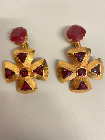  YVES SAINT LAURENT Made in France Pair of cross ear clips in gold metal adorned...