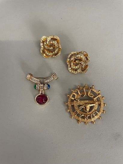 null BIG Small mobile brooch in gold metal with rhinestones and glass cabochons -...