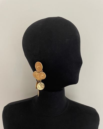  YVES SAINT LAURENT Made in France Pair of gold-plated shield ear clips with tassels...