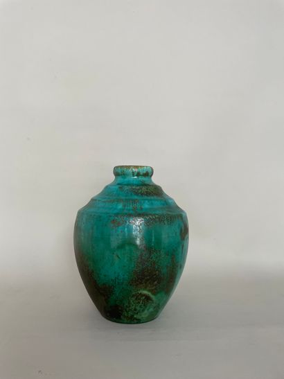 null GILBERT METENIER (1876-?) Green iridescent brown glazed ceramic baluster vase...