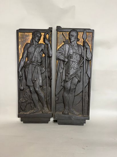 null GILBERT BAYES (1872-1953) 2 patinated and gilded bronze plaques for a monument...
