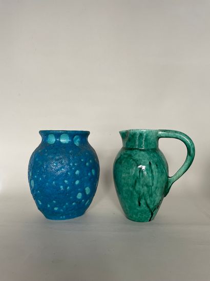 null LACHENAL Green glazed ceramic pitcher signed under the base AND Turquoise glazed...