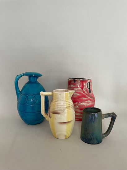 null Set of 3 glazed earthenware pitchers turquoise - red and beige - yellow and...