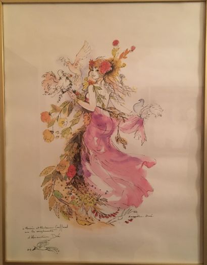 null Amandine DORÉ (1912-2011) young girl with flowers, watercolour signed and dedicated...