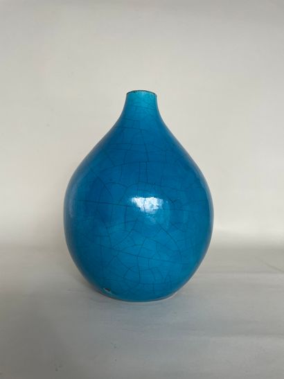 null LACHENAL Vase gourd foot of lamp in cracked turquoise earthenware (cut neck?)...