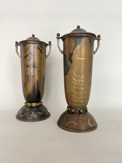 null Made in France circa 1930 Pair of covered urns in sheet metal with brown and...