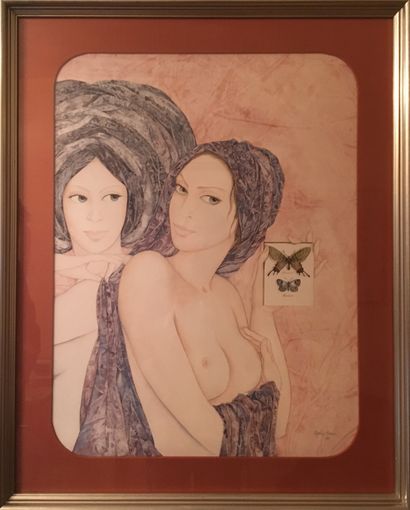 null Sophie BUSSON (1945 - 1979) The two friends, watercolour framed under glass....