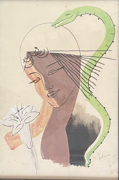null EMILE HENRY TILMANS (1888- 1960) Tête de fille au serpent aquarelle et plume...