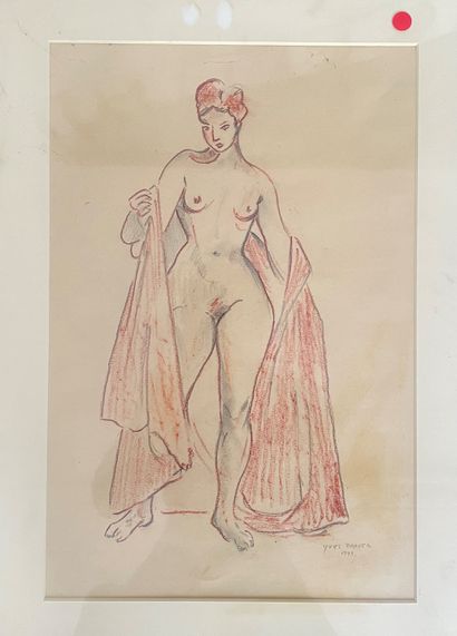 null YVES BRAYER (1907-1990) Nude with red coat 1943 - charcoal and red chalk - signed...