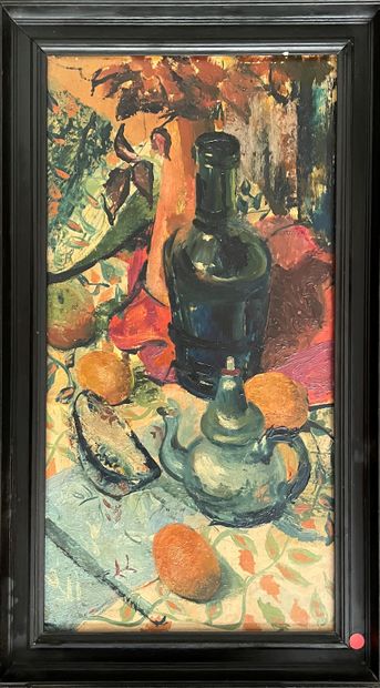 null 20th century school Bottle and teapot oil on isorel - unsigned

59x30,5cm