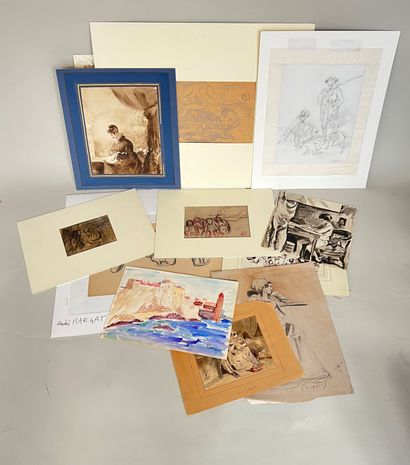 null Lot of 13 various drawings including 1 aqurelle of NESSI-VALTAT 1 drawing of...