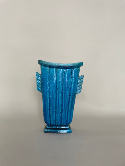 null Turquoise earthenware cone-shaped vase with flat body and gadroons - mark under...
