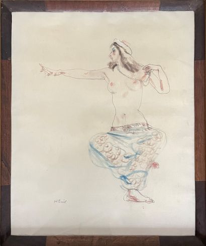 null HENRY RICHARD BIRD (1909 ) Oriental Dancer pen and coloured pencil drawing signed...