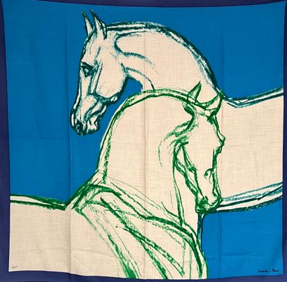 null HERMES Paris Horses with shawl in cashmere and silk in blue and green on a beige...