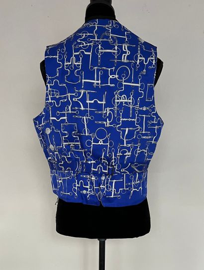null HERMES Paris Equestrian Collection Black wool vest with blue printed back and...