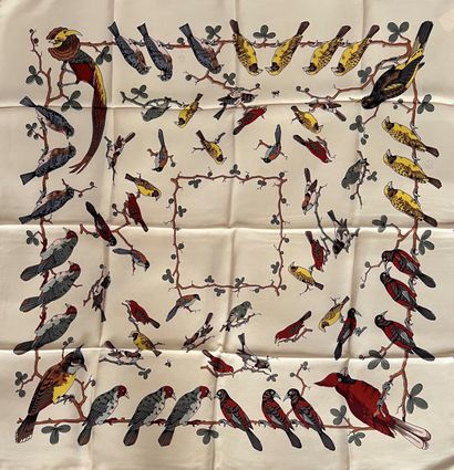 null 
HERMES Paris Birds on a thread by Hugo Grygkar 1947 silk square with cream...