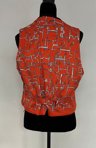 null HERMES Paris Equestrian Collection Black wool vest with orange printed silk...