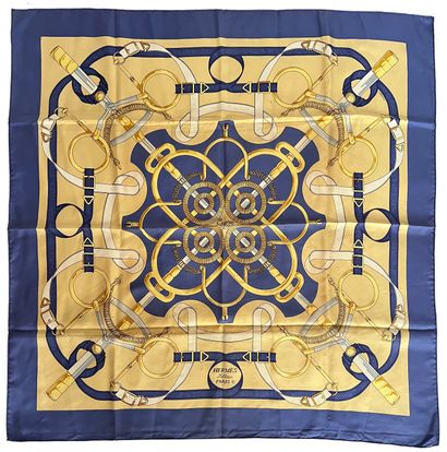 null HERMES Paris Golden Spur by Henry d'Origny square silk in blue and gold (stains...