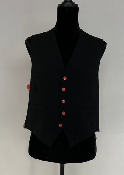 null HERMES Paris Equestrian Collection Black wool vest with orange printed silk...