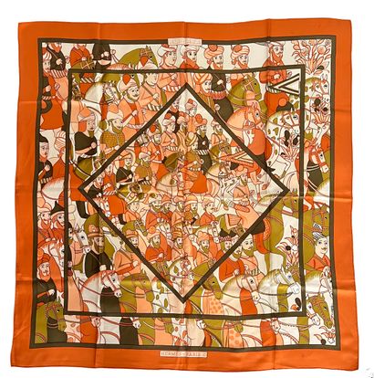 null HERMES Paris Ali baba by Pierre Péron square silk in brown and orange on ivory...
