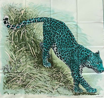  HERMES Paris Panthera Pardus by Robert Dallet square silk in green and blue (perfect...