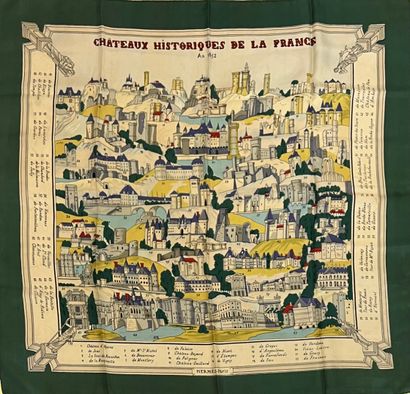  HERMES Paris Historic castles of France by Hugo Grygkar 1949 silk square with green...
