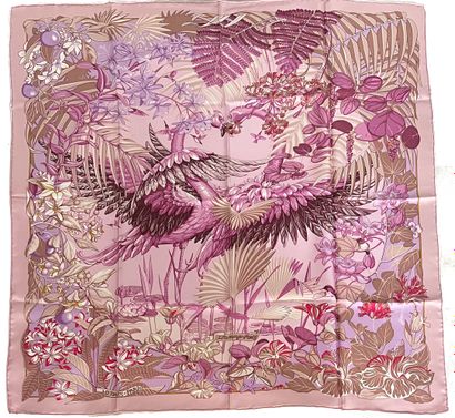 null HERMES Paris Flamingo party by Toutsy Berthomieux purple and brown silk square...