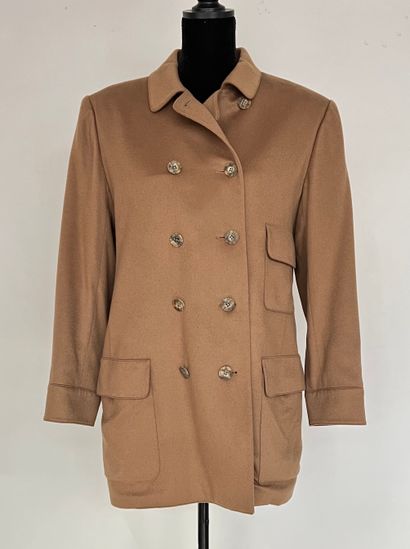 null HERMES Paris Veste longue de femme en cachemire camel à poches plaquées et boutonnage...