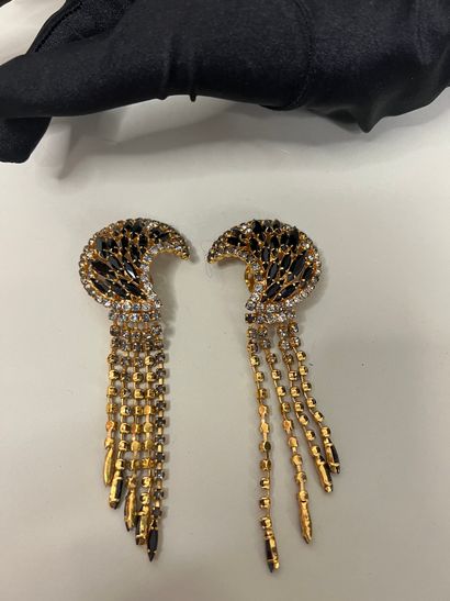 null Pair of gilded metal crescent moon ear clips and chain tassels decorated with...